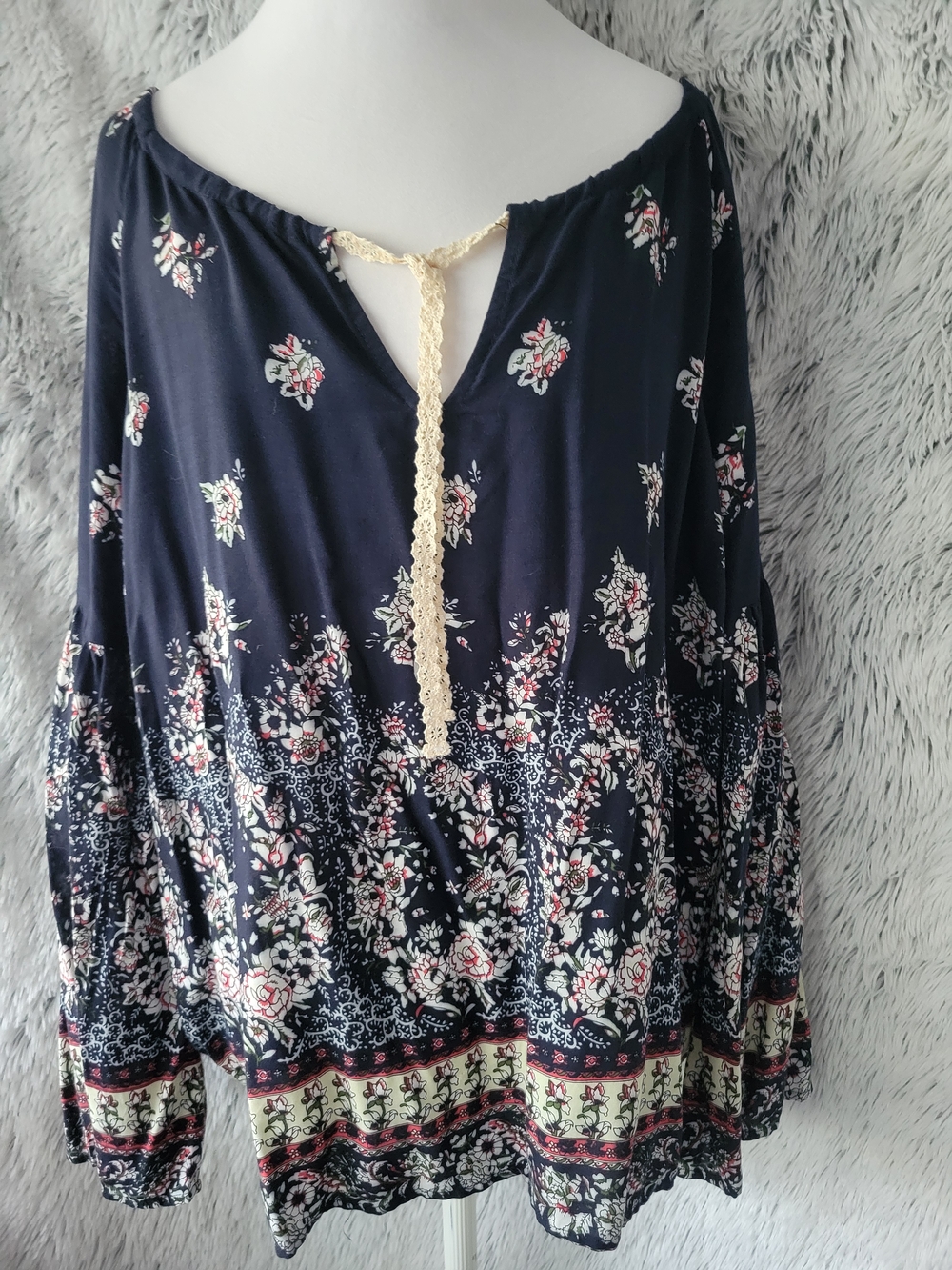 Umgee Navy Floral Tunic with Cream Lace Placket